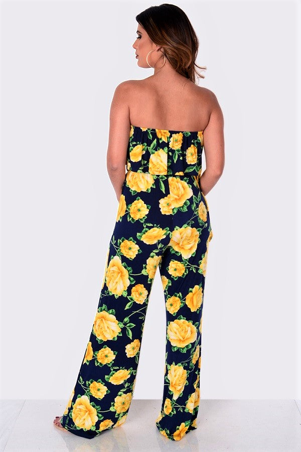Floral Print Strapless Ruffle Jumpsuit