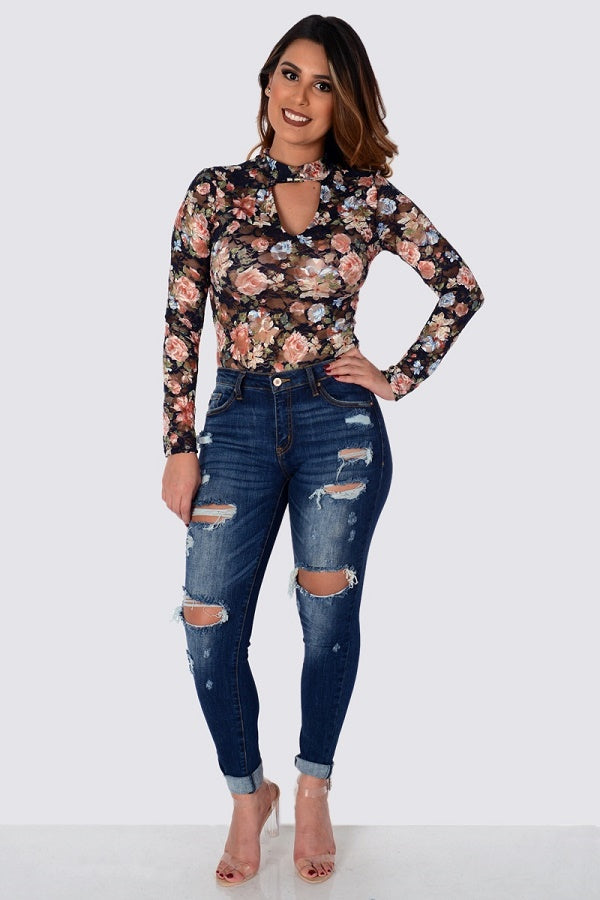 Long Sleeve Floral Printed Mock Neck Lace Bodysuit