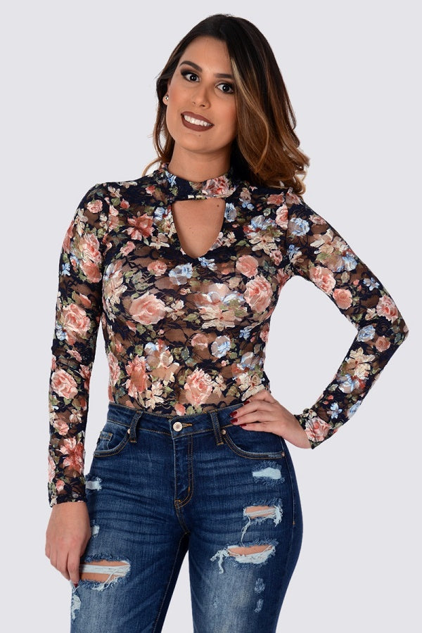 Long Sleeve Floral Printed Mock Neck Lace Bodysuit