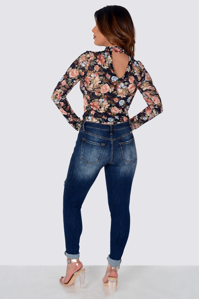 Long Sleeve Floral Printed Mock Neck Lace Bodysuit
