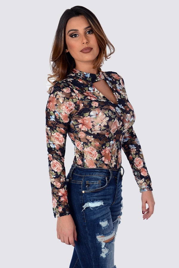 Long Sleeve Floral Printed Mock Neck Lace Bodysuit