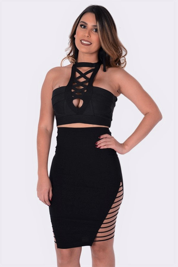 Side Strap Pencil Skirt Black
