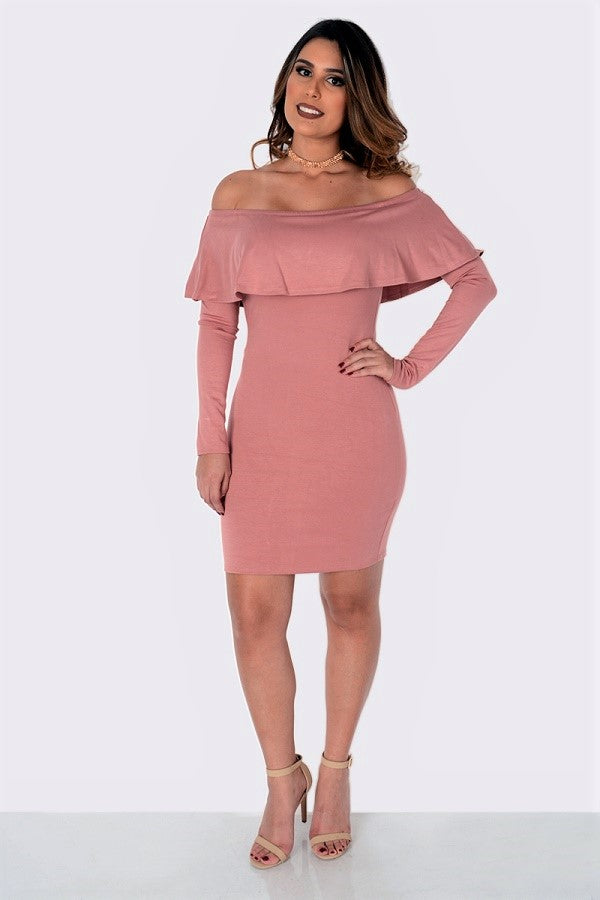 Fit Miami Style Off Shoulder Long Sleeve Ruffle Dress