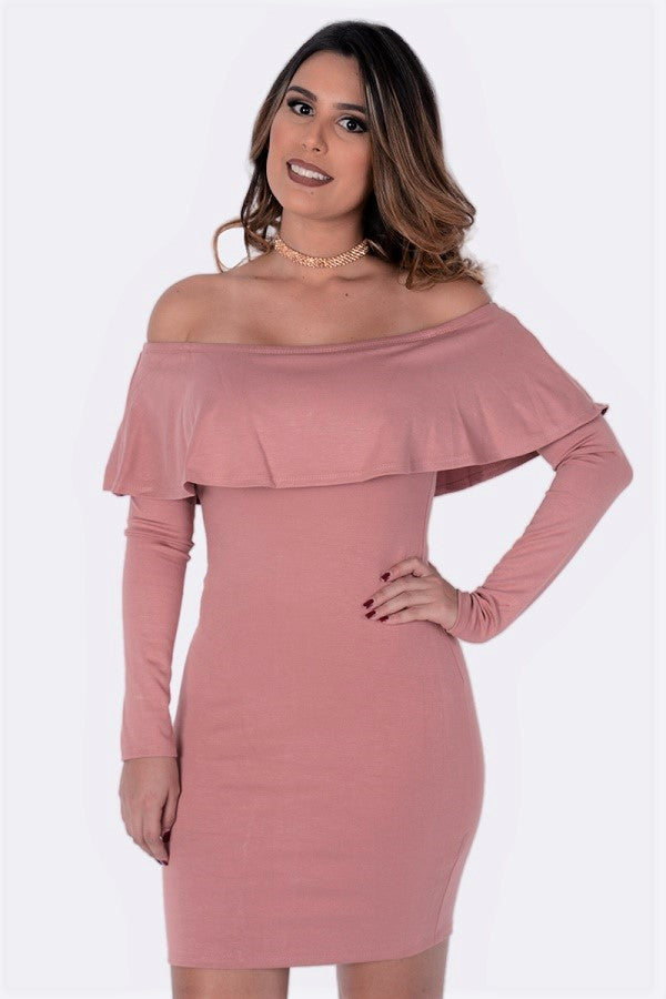 Off Shoulder Long Sleeve Ruffle Dress