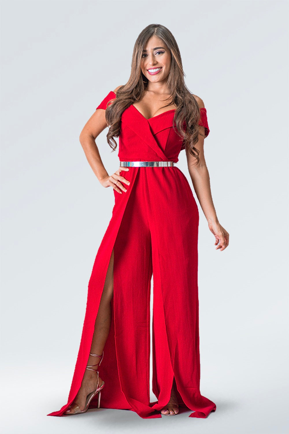 Off Shoulder Split Leg Jumpsuit