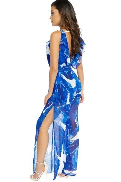 Fit mi fashion Palm Leaves Ruffle Jumpsuit blue