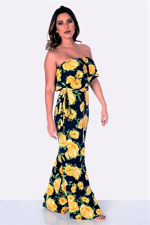 Floral Print Strapless Ruffle Jumpsuit