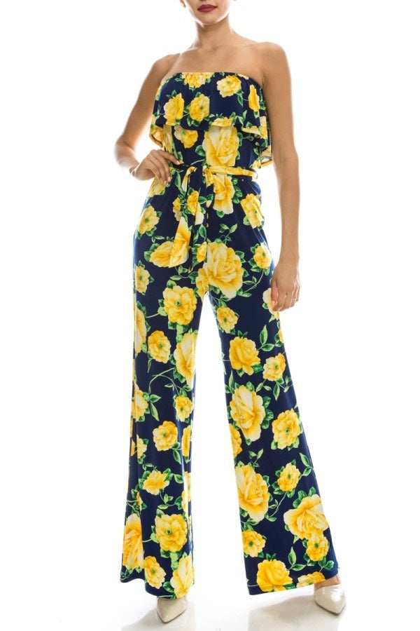 Fit Miami Style Floral Print Strapless Ruffle Jumpsuit